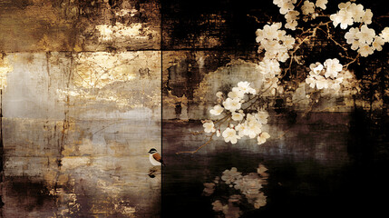 Japan, Japanese pattern, art, folding screen picture, gold, wabi, rust, Japanese spirit, Japanese painting, ink painting, ink painting, classic, ancient art, nightingale, bird, plant, vase, flower, 