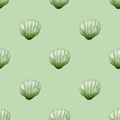Seamless watercolor pattern featuring green shell design on light green backdrop