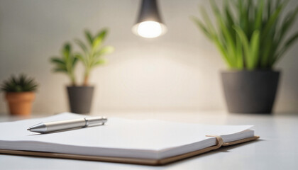 Minimalist office desk with notepad and pen under lamp light, creative focus