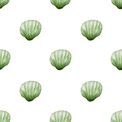 Seamless watercolor pattern featuring delicate green shells on a white background