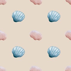 Seamless watercolor shell pattern design on light background for textile and wrapping use
