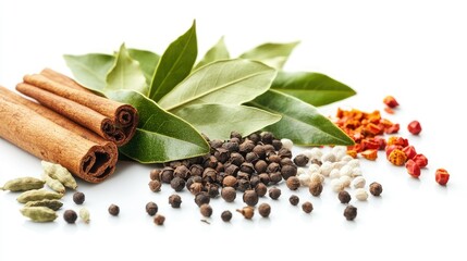 Fototapeta premium Fresh bay leaves stacked in a neat pile with spices artistically scattered nearby, isolated on a pure white background.