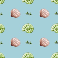 Unique seamless watercolor shell pattern design on blue fabric for creative projects