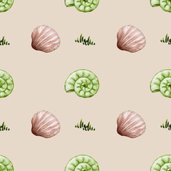 Whimsical watercolor shell pattern for fabric and packaging design