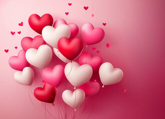 3D Vector Illustration of Heart-Shaped Balloons, Valentine's Day Theme Background with Pink and Red Colors, Festive and Romantic Decor.