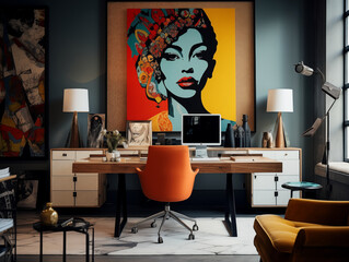 Modern bold and eclectic home office with dark walls, lots of light, modern desk and large artwork on the wall. Successful and bold womans home office