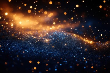 elegant champagne gold and royal blue abstract background with sparkling bokeh lights and shimmering particles for new year's eve celebration