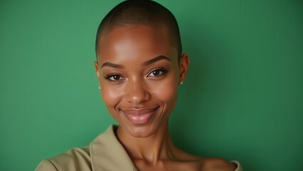 Fototapeta premium A confident young woman with a bold, buzzed haircut and warm, sun-kissed complexion gazes directly at the viewer in a sleek tan blazer against a vibrant, emerald green backdrop