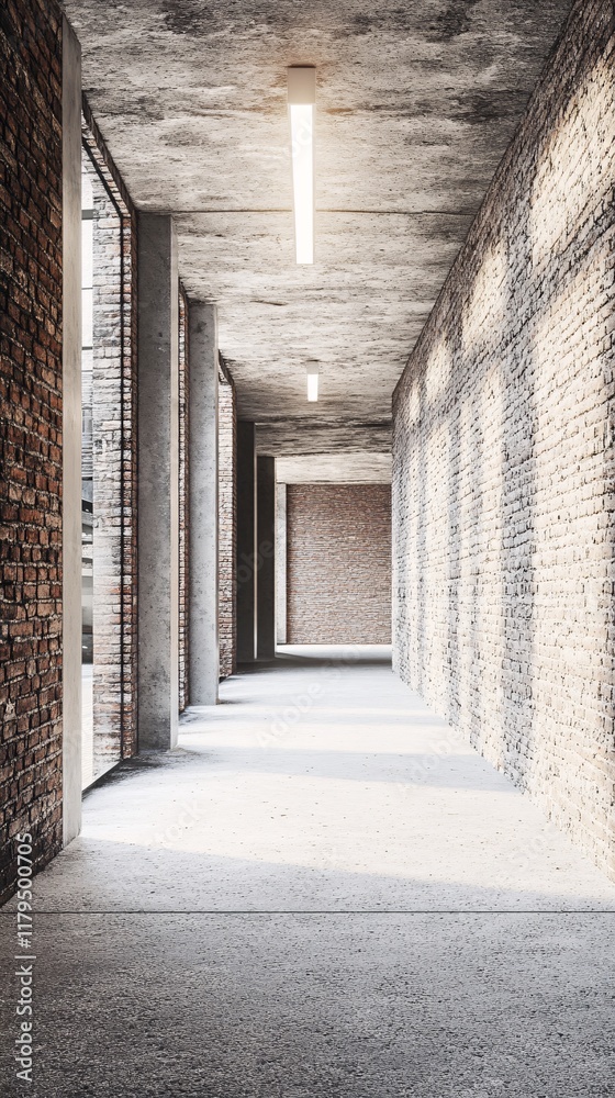 Aufkleber empty corridor illuminated by neon lights in modern building