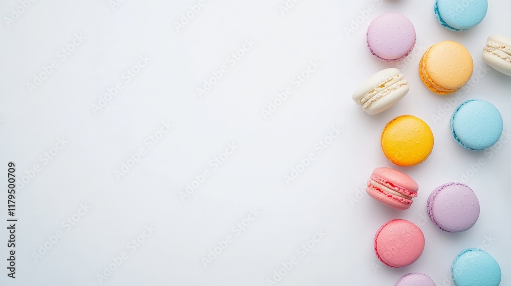 Leinwandbilder Captivating arrangement of vibrant macarons appears to float against a pristine white backdrop, creating a visually appealing scene with ample space for text or design elements