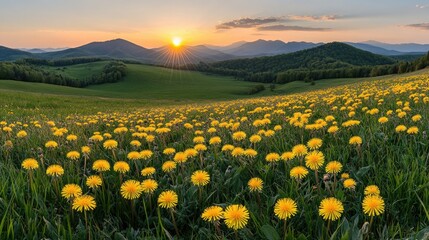 Fototapeta premium Golden light illuminates blooming wildflowers across grassy hills in the Carpathian Mountains during a tranquil sunset