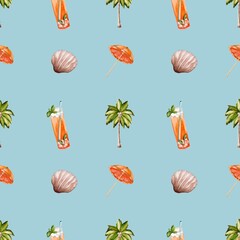Colorful watercolor pattern featuring tropical drinks and beach elements for textile design