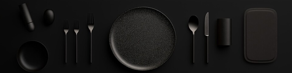 Black table setting with plate, two forks, knife, napkin, and coaster on dark background