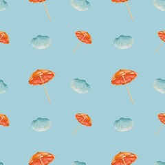 Colorful watercolor pattern with umbrellas and seashells on a blue background