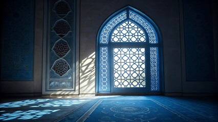 Obraz premium Illuminated Blue Islamic Geometric Window Casting Elegant Light Patterns on a Serene Dark Blue Background 