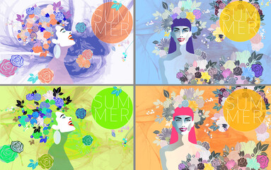 A vibrant collage of various female portraits adorned with floral arrangements, emphasizing summer themes with artistic and expressive elements.