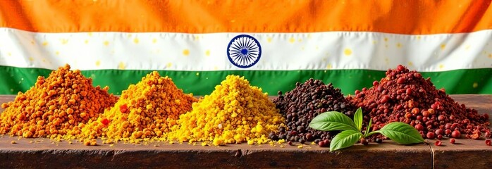 Indian Republic Day concept in national colours. Indian spices turmeric, cardamom, coriander, cumin, cloves, chilli, curry leaves stacked horizontally on blurred background of Indian flag