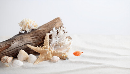 Obraz premium Natural coastal composition with driftwood, seashells and corals on white sand. Beach, travel