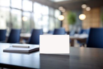 Blank name card on a conference table in a modern office setting during the day