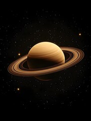 A minimalist rendering of a planet with rings and small stars on black.