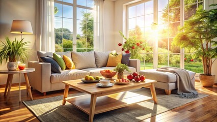 Fototapeta premium Delicious dishes bathed in stylish window light, creating modern living room food photography.