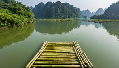 Obraz premium viewpoint, bamboo raft in the middle of the lake with beautiful view