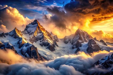 Obraz premium Double exposure: snowy peaks, dramatic clouds, and swirling mist create a breathtaking mountain landscape.