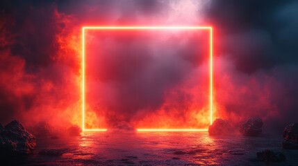 Red neon glowing frame isolated on black background. Perfect for design, technology, and futuristic themes