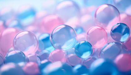 Colorful bubbles in pink and blue hues against light background. Abstract backdrop.