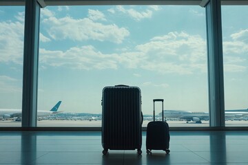 Two suitcases are sitting next to each other in front of an airplane. The scene is calm and peaceful, with the suitcases and the airplane creating a sense of travel and adventure. Concept of travel