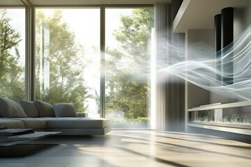 Modern air conditioning system blowing fresh, clean air into a bright living room with large windows overlooking a green garden, ensuring a comfortable and healthy indoor environment