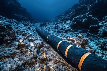 Thick subsea cable laying on the ocean floor, connecting continents and facilitating global communication through advanced technology in the deep blue expanse of the ocean