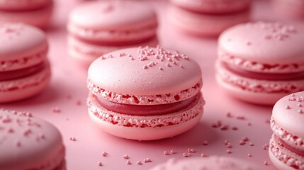 Fototapeta premium Close-up of several pink macarons with red filling and pink sprinkles on a pink background.