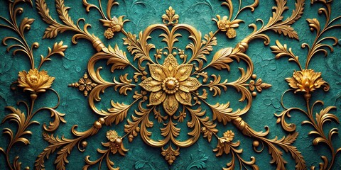Drone's eye view: elegant gold florals bloom on a teal artistic background.