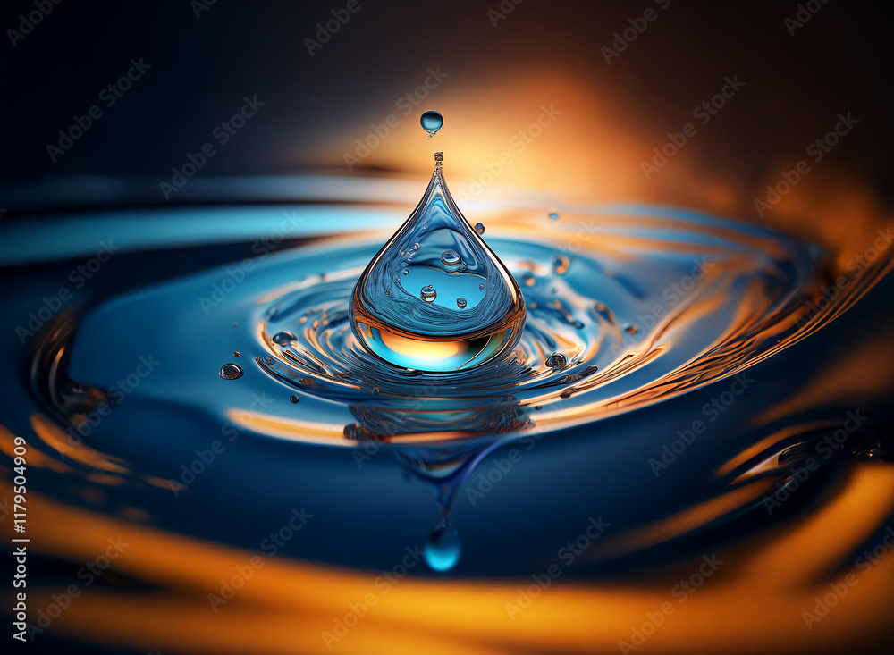 Aufkleber a single water droplet impacts a still surface, creating concentric ripples and a warm, golden refle