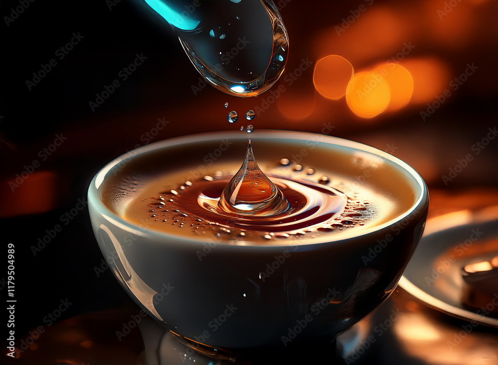 Aufkleber a single drop of translucent liquid falls into a bowl of creamy brown liquid, creating ripples. warm