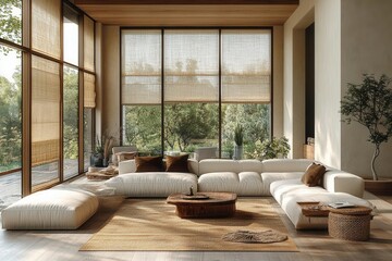 Fototapeta premium elegant beige living room interior with contemporary furniture floortoceiling windows natural light and minimalist scandinavian design elements