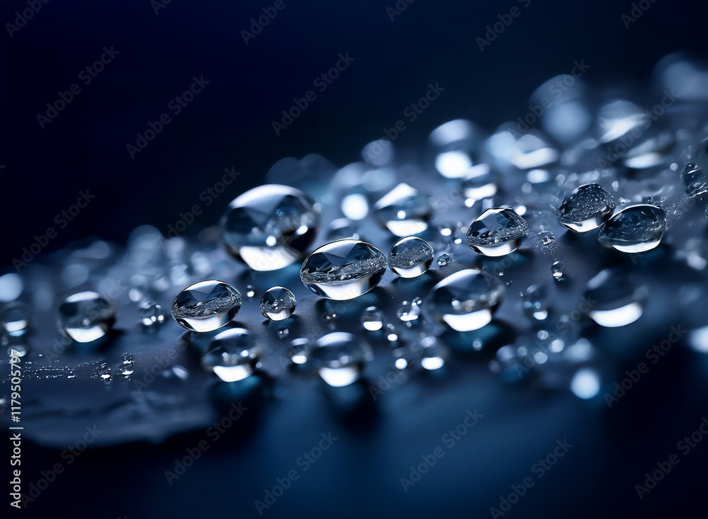 Aufkleber close-up of water droplets on a dark, smooth surface. the droplets vary in size and reflect light, c