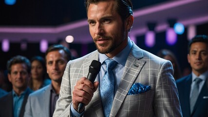 Stylish man delivers an engaging speech at a glamorous evening event under vibrant lights