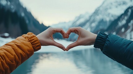 Heart-Shaped Hands Over a Mountain Lake