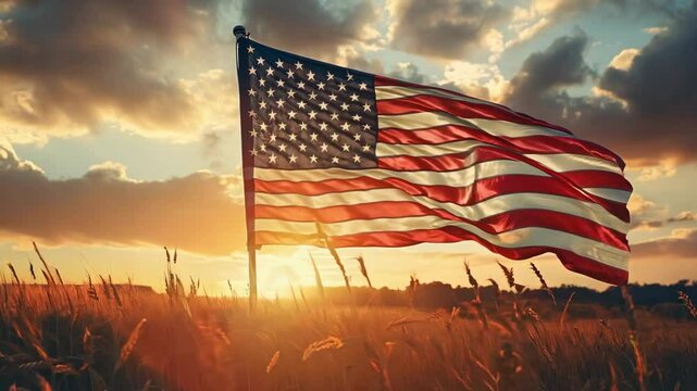Animated waving American flag stands in a field on the open space above American land. President's Day. USA Day. Independence Day of America. Patriotic memorial american composition red style decorati