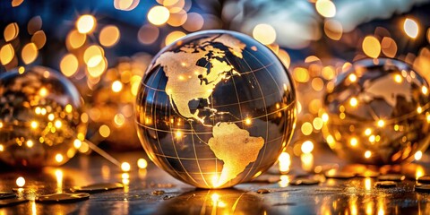 European Christmas market glows in a long-exposure glass globe photo; celebrating global festive trade.