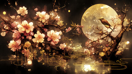 Japan, Japanese pattern, art, folding screen picture, gold, wabi, rust, Japanese spirit, Japanese painting, ink painting, ink painting, classic, ancient art, nightingale, bird, plant, vase, flower, 