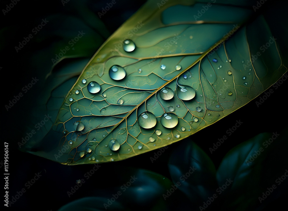 Poster close-up of a leaf, glistening with dew drops. dark, moody tones highlight the leaf's intricate vein