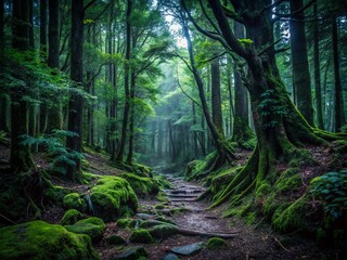 Obraz premium Eerie Aokigahara Forest Path: Mysterious Trees & Copy Space for Hopeful Messaging