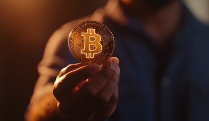 Businessman's hand holding coins and a dollar sign icon on a virtual screen, a business and financial technology concept with a close-up portrait of a man in a blue shirt against a dark background. 