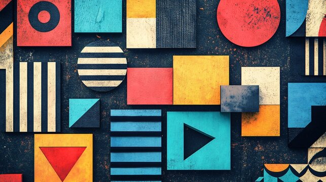 Colorful geometric shapes creating an abstract composition on textured background - Powered by Adobe