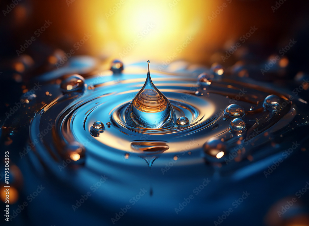 Aufkleber a single, glistening droplet of liquid hangs poised above a reflective surface, creating concentric 