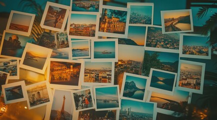 A collage of pictures of cities and landscapes. Scene is one of wanderlust and adventure, as the pictures depict various destinations around the world. Tourism