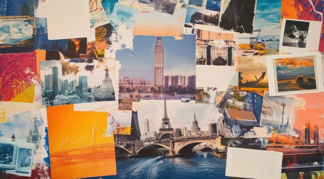 A collage of pictures with a city skyline in the middle. Scene is lively and colorful. Tourism